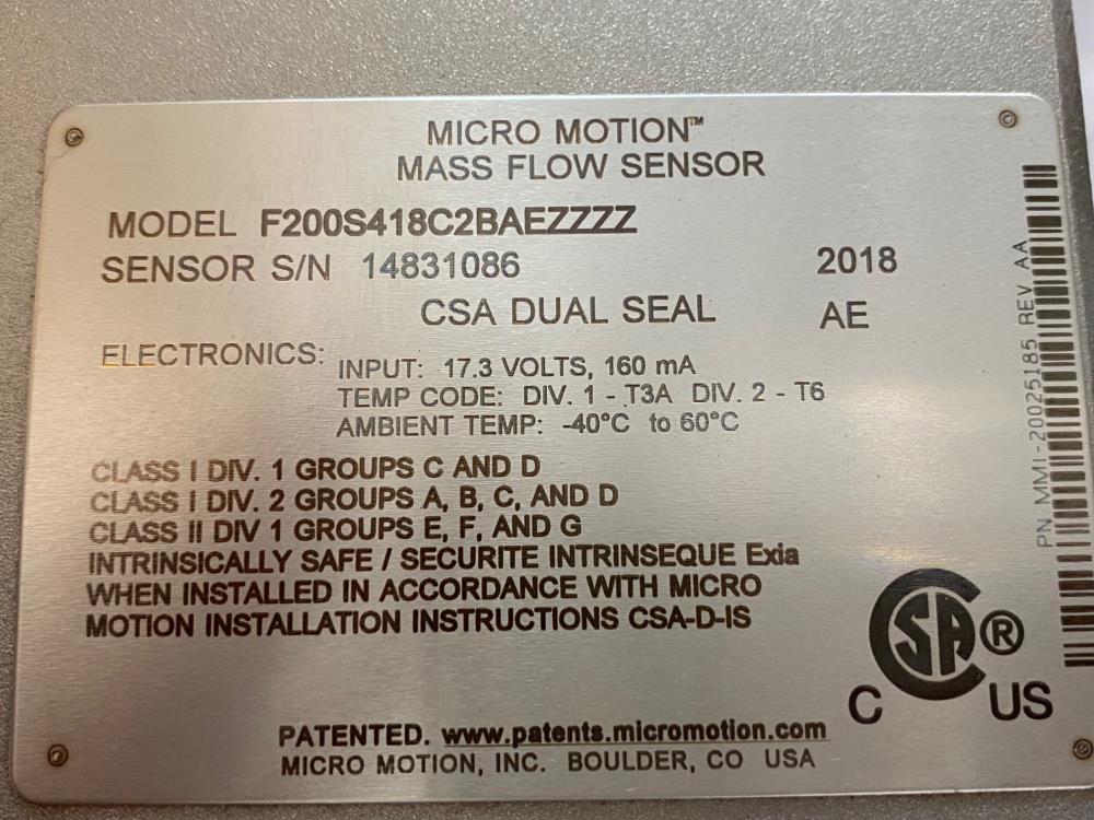 Micro Motion 2" x 1-1/2" 150# 316 Stainless Flow Meter F200S418C2BAEZZZZ (S)